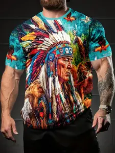Men's Tribal Indian Chief Graphic T-Shirt, Bold Feather Headband Print, Casual Wear & Theme Party Top, Comfortable Fabric, Long Fitted Style