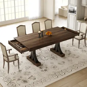 Wooden Kitchen Table with Double Pedestal Support and Under Table Drawers, Heavy Duty Frame for Dining Room or Office, Family Size