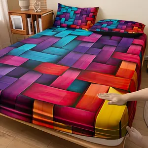 2D Flat 3pcs Cool Technology Digital Printing Material Plaid Fitted Sheet - Deep Pocket In 15 Inch, At Home Dormitory Suitable for All Seasons Mattress Protector