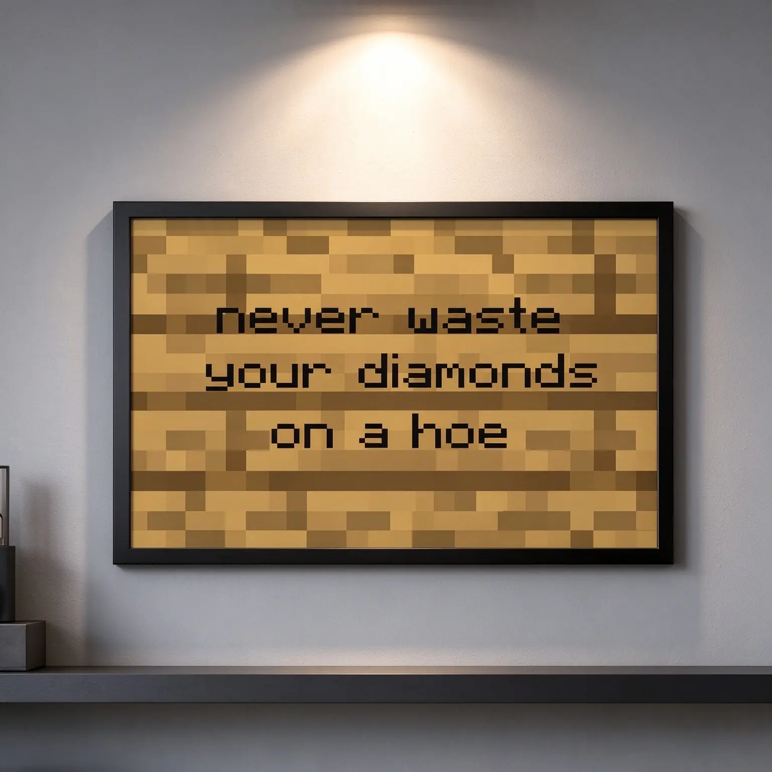 Never Waste Your Diamonds Pixel Gaming Canvas Wall Art, Funny Retro Video Game Quote Poster, Brown Pixel Block Aesthetic Print, Humorous Gamer Wall Decor for Bedroom, Gaming Room, Man Cave, Game Room & College Dorm
