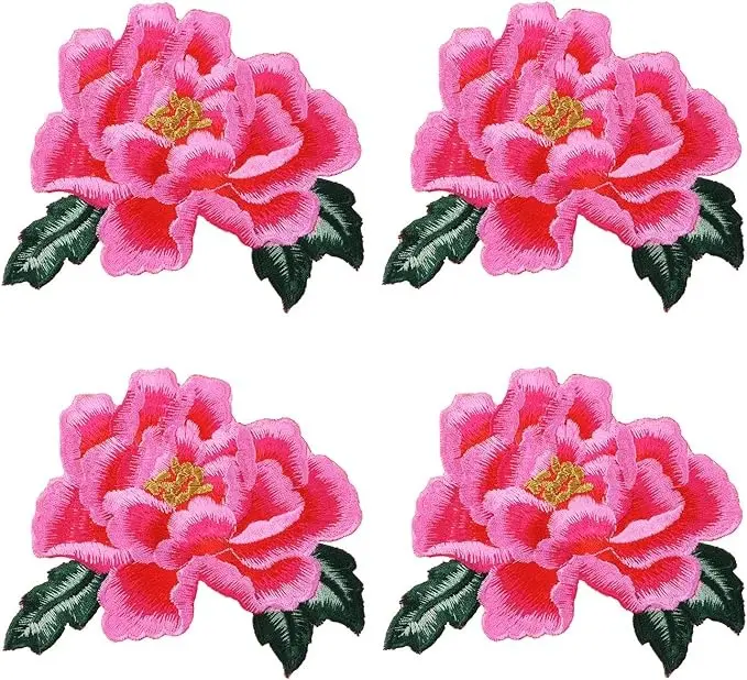 Peony Floral Embroidered Iron On/Sew On Patches Flower Repair Decorative Patch Applique for Clothes Denim Jackets T-Shirt Dress Backpacks Jeans Hats DIY Accessory, 2 Pairs/4PCS (Pink)