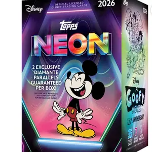 Topps 2026 Neon Blaster Box with 7 Packs 5 Cards Each Featuring Disney Characters and 2 Exclusive Diamante Parallels