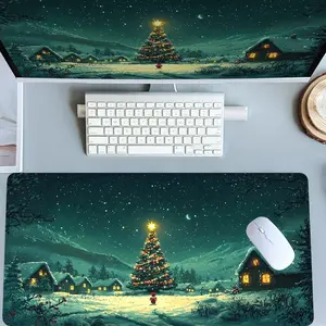 Christmas Night Village Tree Mouse Pads Extra Large Computer Desk Top Mat Mouse Pad for Laptop Mouse Desk Pad Desk Mats with Non - Slip Rubber Base Stitched Edge Desk Accessory Desk Gadgets for Home and Office