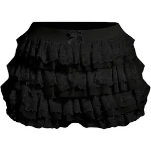 Women's Y2k Ruffle Shorts Lace Lolita Bloomers Elastic Waist Bow Front Shorts Micro Cute Black Womenswear Bottom
