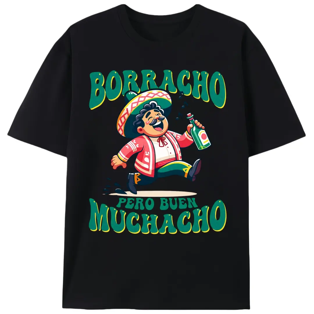 Men's Graphic T-Shirt, Boracho Muchacho Funny Printed Streetwear, Short-Sleeve Fitted Cut in 100% Knit Cotton, Shortsleeve, Fabric, Knitting