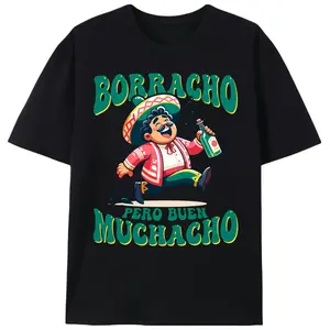 Men's Stretch Knit Cotton Short-Sleeve Round Neck Casual T-Shirt - Menswear Funny "Boracho Muchacho" Mexican-Themed Graphic Novelty Tee