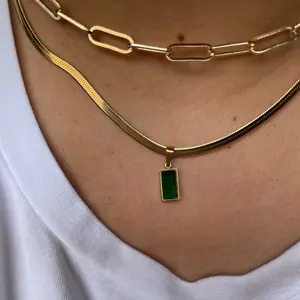 Emerald Herringbone Necklace, Bezel Set Emerald Necklace, Gold Emerald Herringbone Chain, Gold Plated Necklace