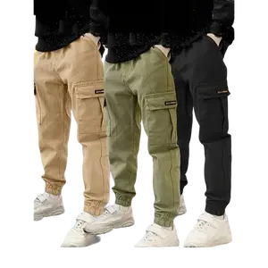 3pcs Children Cargo Pants for Boys Tactical Long Pants Casual All Season Non Stretch Solid Color with Pockets Elastic Waist Loose Fit Kids Outdoor Wear Spring Autumn Collection
