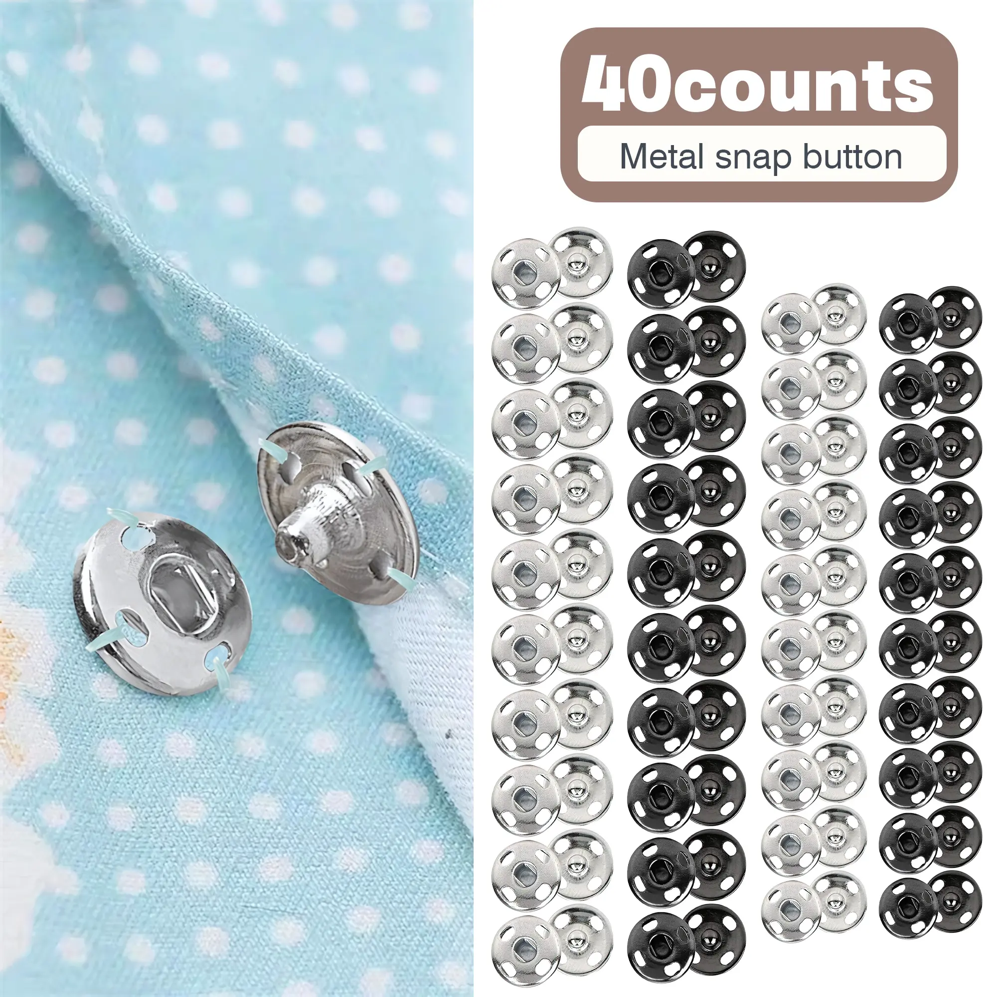 High Quality Copper Sew-on Metal Snap Buttons - 40-Count Dual-Size Elastic Set, Easy to Sew Invisible Natural Closure for Clothing, DIY Crafts, DIY Home Improvements, Diapers, Towels, Bibs (Silver & Black)