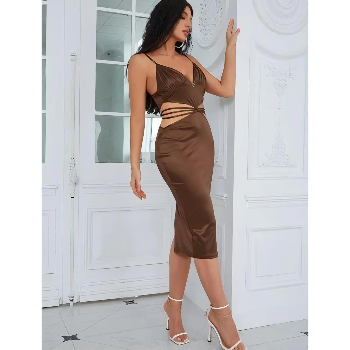 Mocha Brown Satin Cut-Out Waist Bodycon Midi Dress - Sizes S, M, L - Perfect for Special Occasions