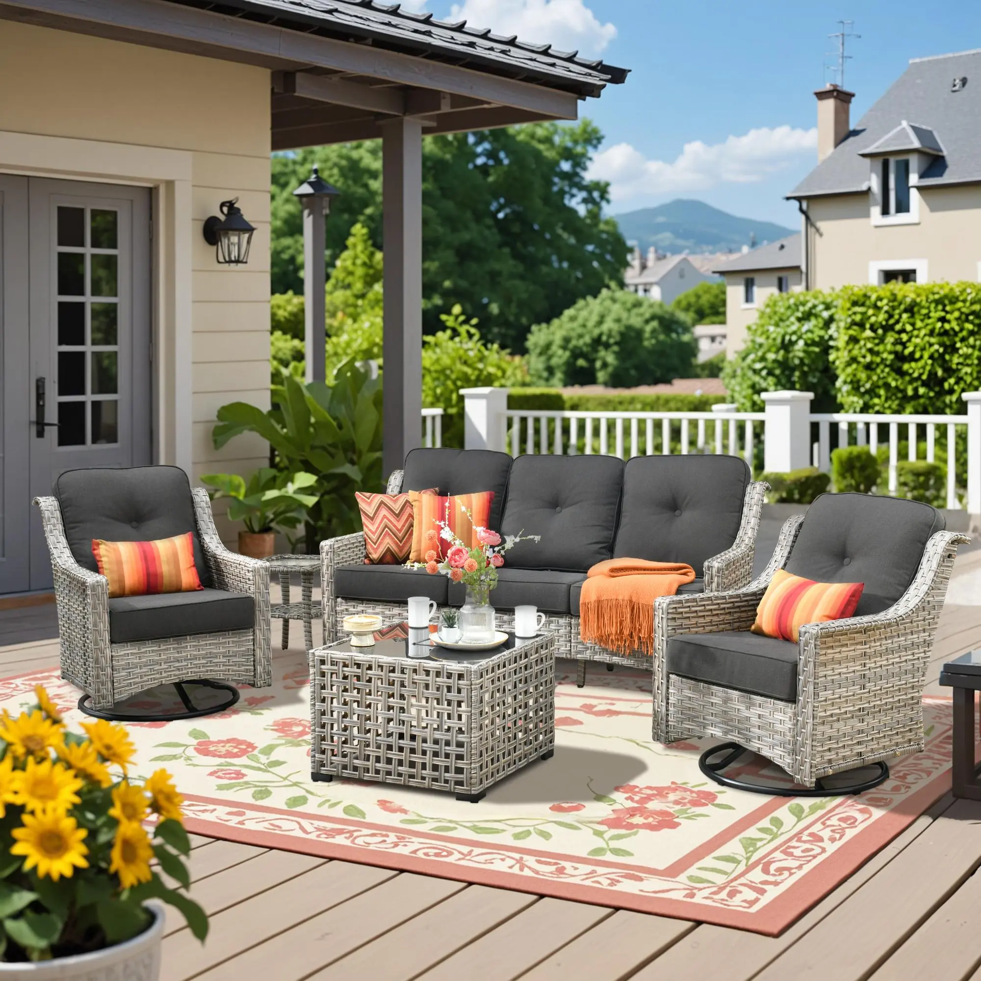 [4 Packages Delivery] 5 PCS Outdoor Patio Furniture with 3 Seat Sofa, Rattan Wicker Coversation Set with Swivel Rocking Chair & Balcony Sofa Set with Shiny Table & Coffee Table