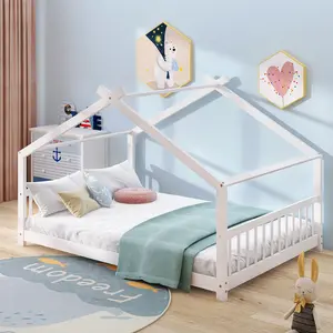 Bellemave Twin/Full Size Metal Floor Bed Frame for Kids - Safety Fence, Desk, Storage Shelves, Classic House-Shape Solid Wood Montessori Playhouse Headboard, Kids Furniture Bedroom