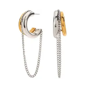 Aros Doble Tono Stainless Steel Earrings with Chain Link Design for Women's Fashion