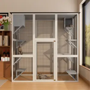 70.9" Gray Wooden Outdoor Catio Cat Enclosure with Weatherproof Asphalt Roof, Large Walk-in Cat House with 6 Platforms & 2 Napping Boxes, Solid Wood Cat Cage Playpen for Patio or Backyard