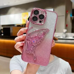 Sparkling Sand Butterfly Electroplated Gradient Phone Case for iPhone 17 16 15 14 13 12 11 Pro Max, 3D Wing Protection, Full Camera Cover