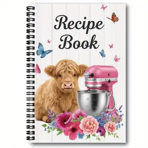 Cute Highland Cow Recipe Notebook, Spiral Bound Kitchen Diary, Soft Floral Cow Pattern, Meal Planning & Cooking Organization