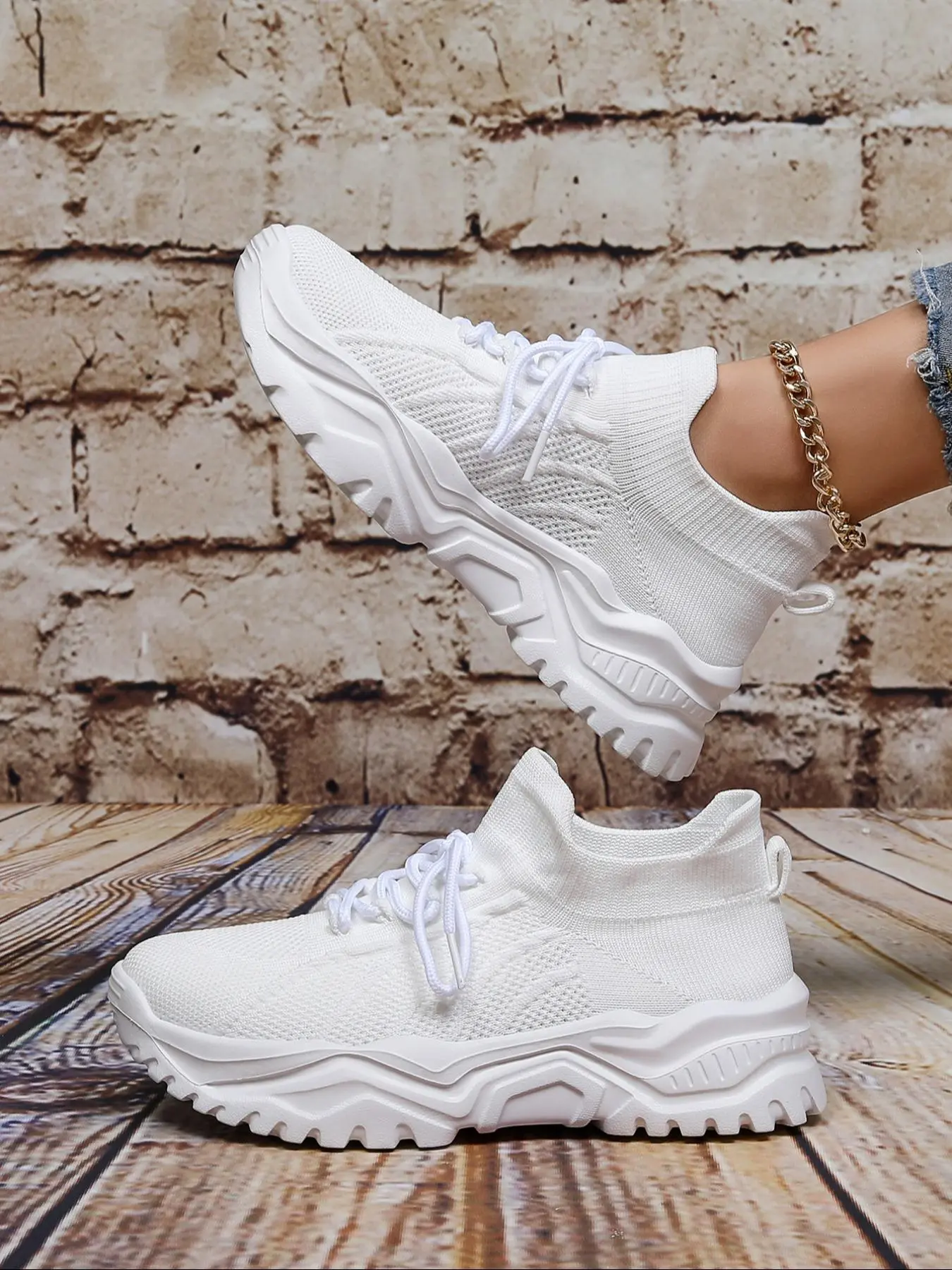 Women's Fashionable Breathable Lightweight Sneakers, Casual Comfortable Sports Running Shoes, All-match Round Toe Lace Up Chunky Sneakers for Daily Wear, Knitted Running Shoes