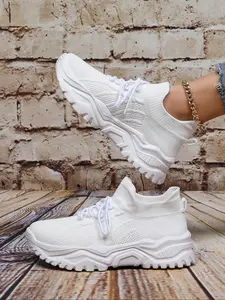 Women's Fashionable Breathable Lightweight Sneakers, Casual Comfortable Sports Running Shoes, All-match Round Toe Lace Up Chunky Sneakers for Daily Wear, Knitted Running Shoes