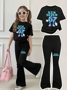 Girls' Cartoon Short Sleeve Bell Bottom Set, Shirt with Blue Block Print, Fitted Casual for All Seasons, Fashion Girl Clothes School Clothes Set