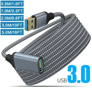 USB 3.0 Extension Cable, Durable Braided Material Fast Data Transfer, Compatible with USB Keyboard, Mouse, Flash Drive, Hard Drive, Printer, USB Cables