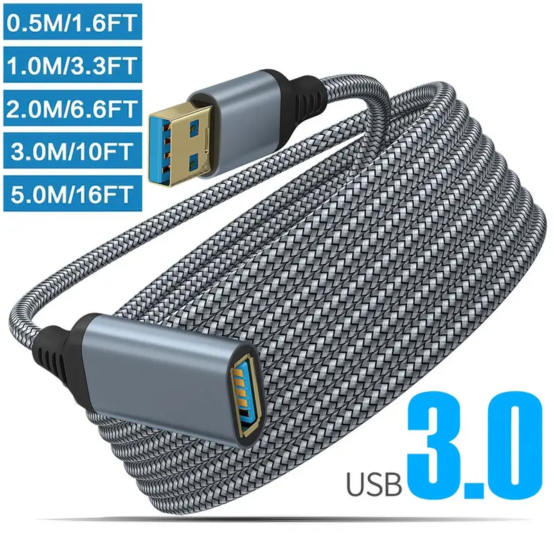 USB 3.0 Extension Cable, Durable Braided Material Fast Data Transfer, Compatible with USB Keyboard, Mouse, Flash Drive, Hard Drive, Printer, USB Cables