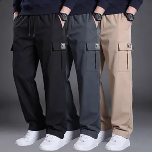 Men’s three-piece casual cargo pants set featuring elastic drawstring waist long pants with multiple pockets; soft, lightweight, breathable, wear-resistant straight-leg pants suitable for hiking, work, and everyday wear.