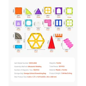 VEVOR Magnetic Tiles, 181 PCS Magnetic Building Blocks for Kids, Magnet Building Set with Car Bases/Ferris Wheel/Letter Digital Cards, STEM Construction Stacking Toys for Toddlers Boys Girls Aged 5+