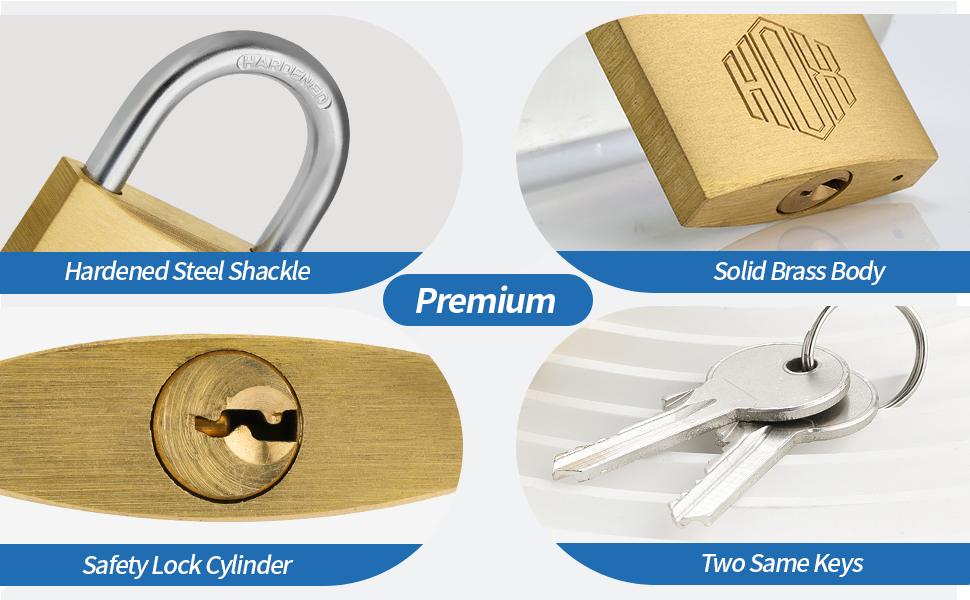 HOX Solid Brass Keyed Different Padlock with 1-9/16-Inch Wide Body, Brass Cylinder - for Hasp Latch, Sheds, Fences, Storage Locker