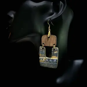Handcrafted Upcycled Denim and Wood Earrings - Fashion Accessory for Women. Choose walnut wood or African fabric finished