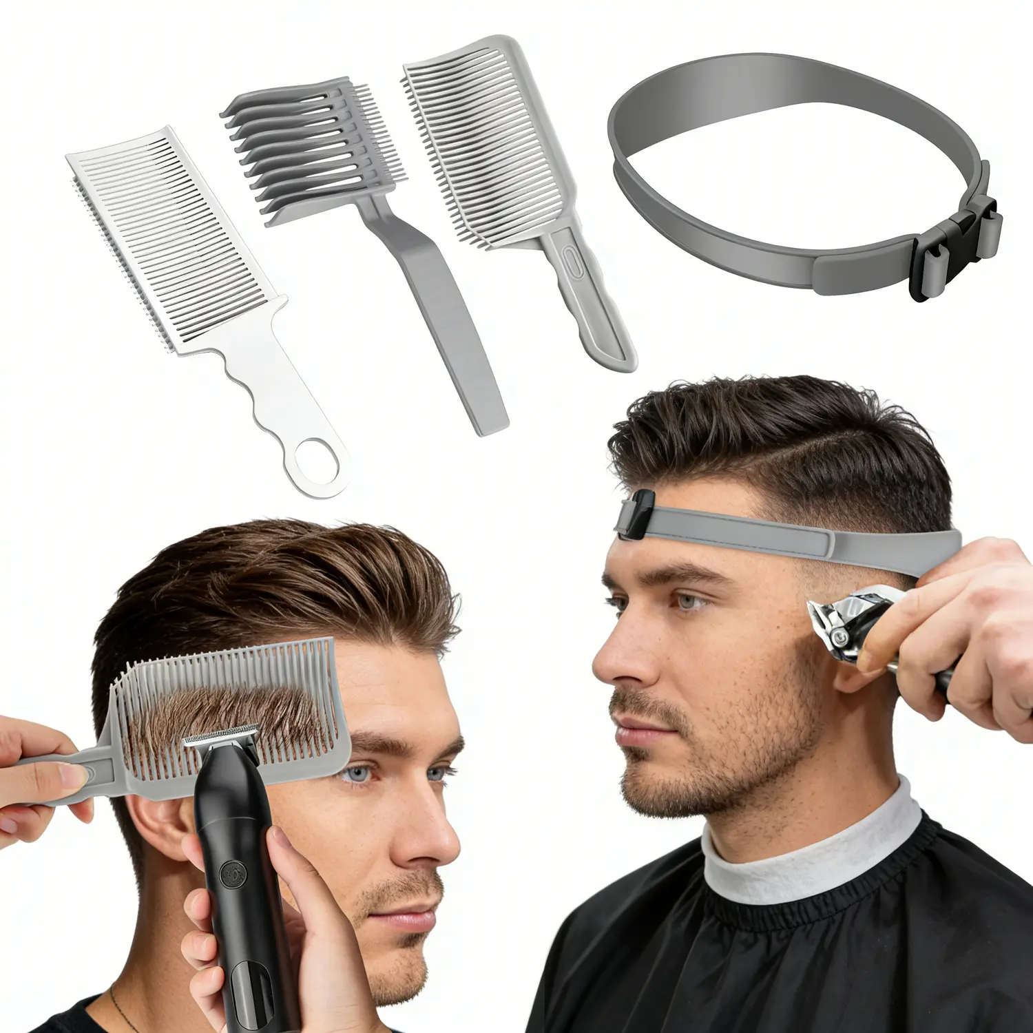 4-Piece Silicone Hair Styling Tool Set for Easy At-Home Haircuts - Heatless Trimming Set with Adjustable Band and Precision Combs, Barber Supplies