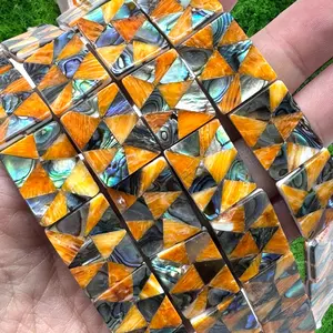 Spiny Oyster & Abalone Shell Beads - Rectangle 15X20mm - Native American Style - Double-Sided Reversible (Handcrafted Triangular-Mosaic Inlay Artistry with Meticulous Workmanship) DIY Jewelry Making