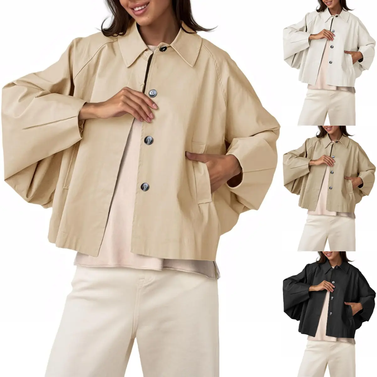 FMEYOA Womens Oversized Cropped Trench Coats Batwing Sleeve Trendy Casual Jackets Button Up Outerwear