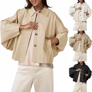 FMEYOA Womens Oversized Cropped Trench Coats Batwing Sleeve Trendy Casual Jackets Button Up Outerwear