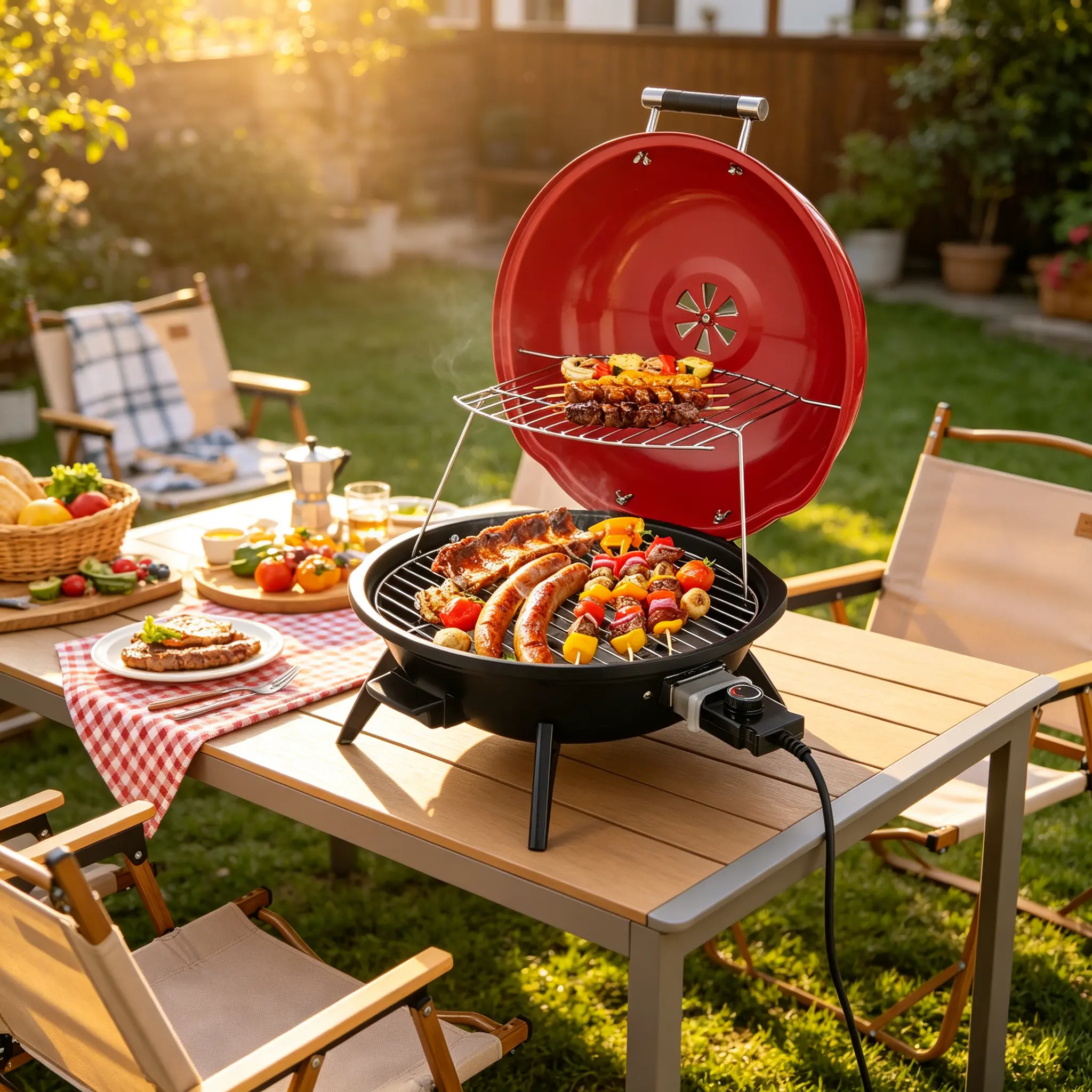 1600W Red Double Layer Electric BBQ Grill, Portable Countertop Grill with Foldable Warming Rack, Smokeless Electric Grill for Indoor Balcony Outdoor Patio Party Cooking