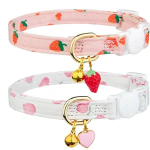 2 Pack Cotton Breakaway Cat Collar Pink Strawberries and White Heart Shaped Pendant Cute Kitten Cat Collar with Bell