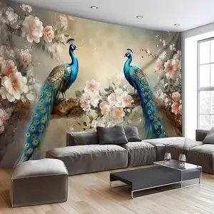 1 Sheet, Oversized Elegant Peacock and Floral Print Wall Hanging, Woven Peach Skin Velvet Fabric, Animal Themed Interior Decor, Polyester Hanging for Living Room, Bedroom, Office - Easy to Install