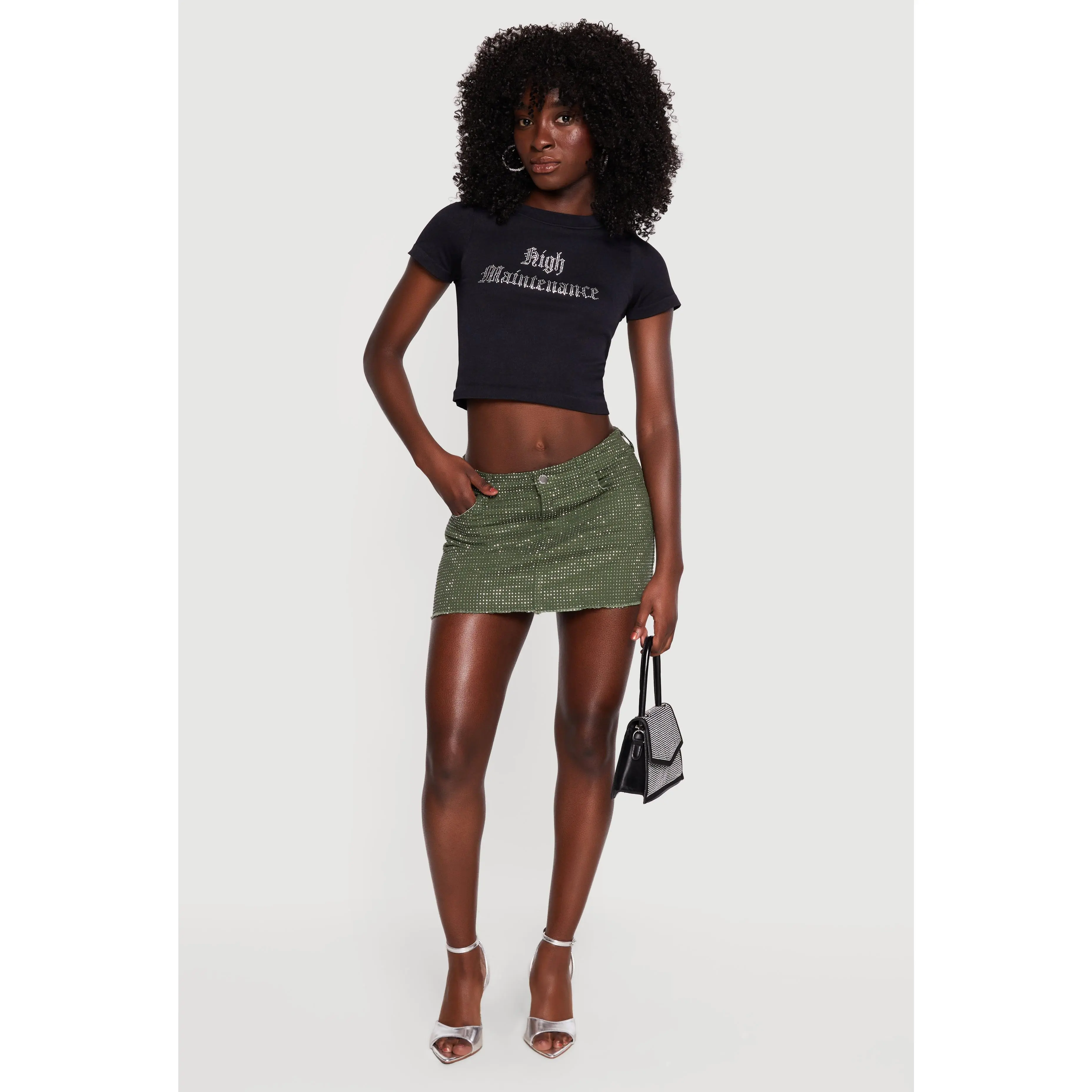 Rhinestone Denim Frayed Hem Micro Skirt