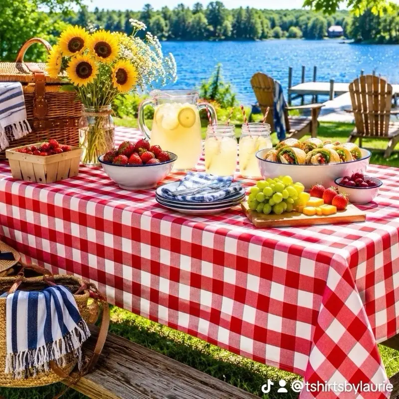 Outdoor-Ready Red & White Checkered Tablecloth, Ideal for Garden, Poolside Summer Use