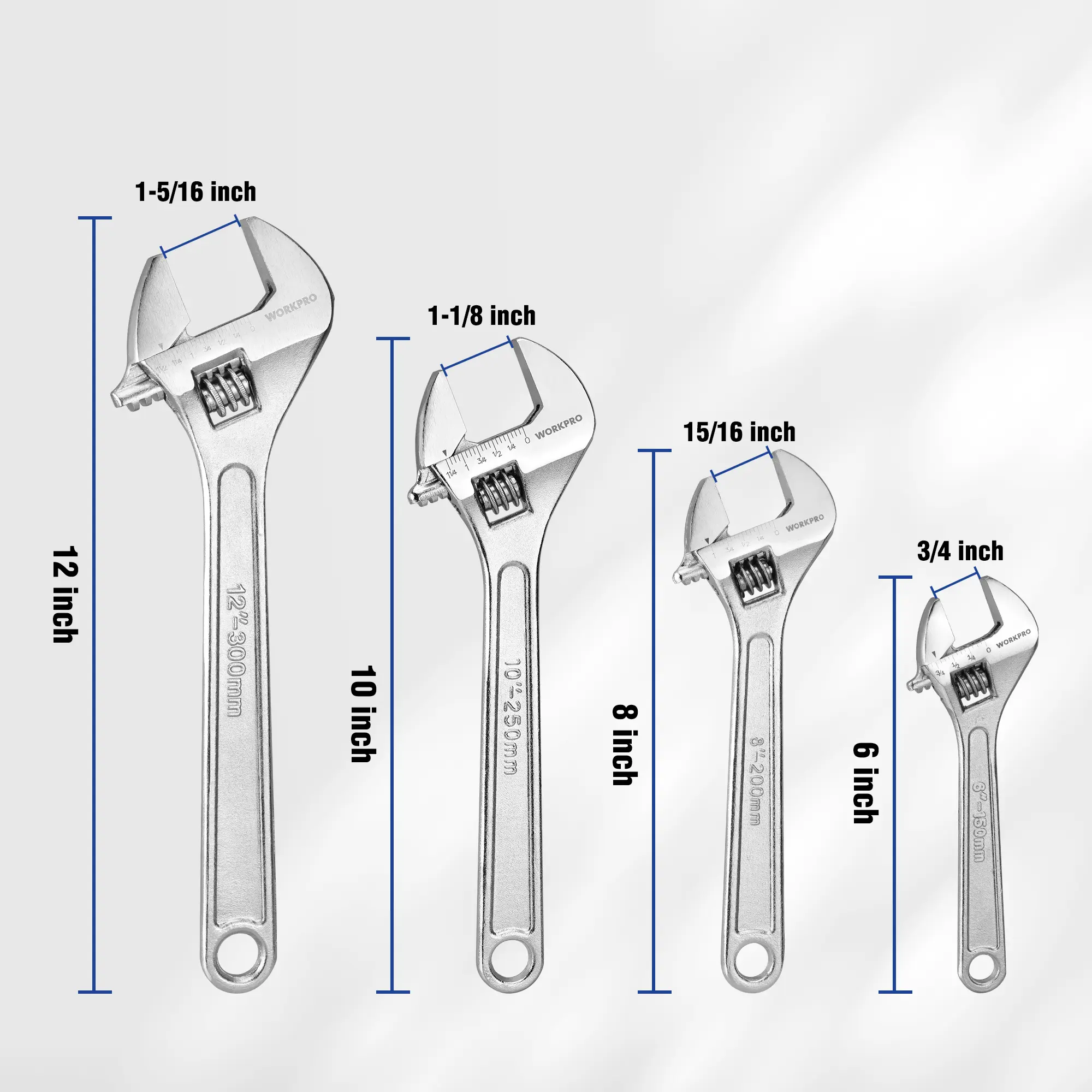 #fathersdaygift WORKPRO 4-Count Adjustable Wrench Set, Forged, Heat Treated, Chrome-plated (6, 8, 10, 12-inch)