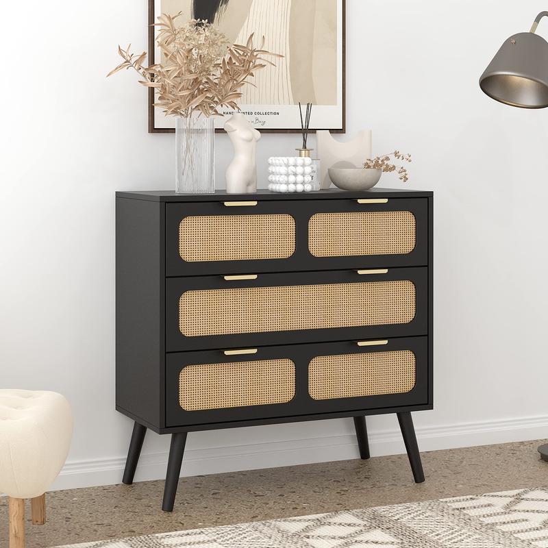 Giratree 3 Drawer Dresser, Modern Rattan Dresser Chest with Wide Drawers and Metal Handles, Farmhouse Wood Storage Chest of Drawers for Bedroom, Living Room, Hallway, Entryway