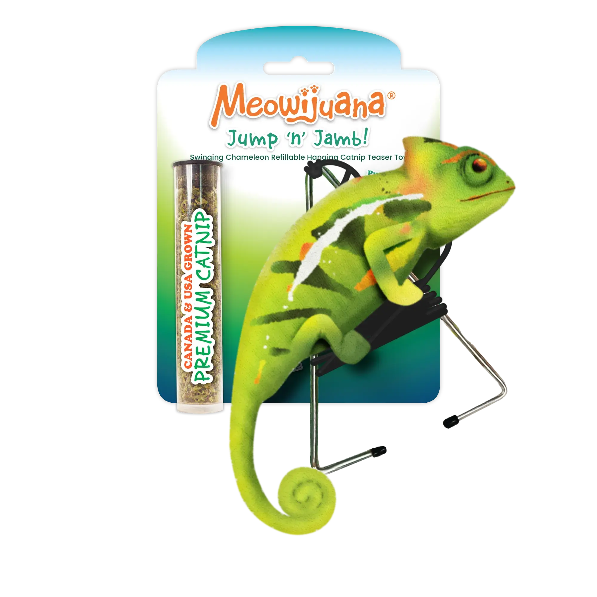 Jump 'n' Jamb Swinging Chameleon Refillable Catnip Teaser Toy - Interactive Plush Cat Toy