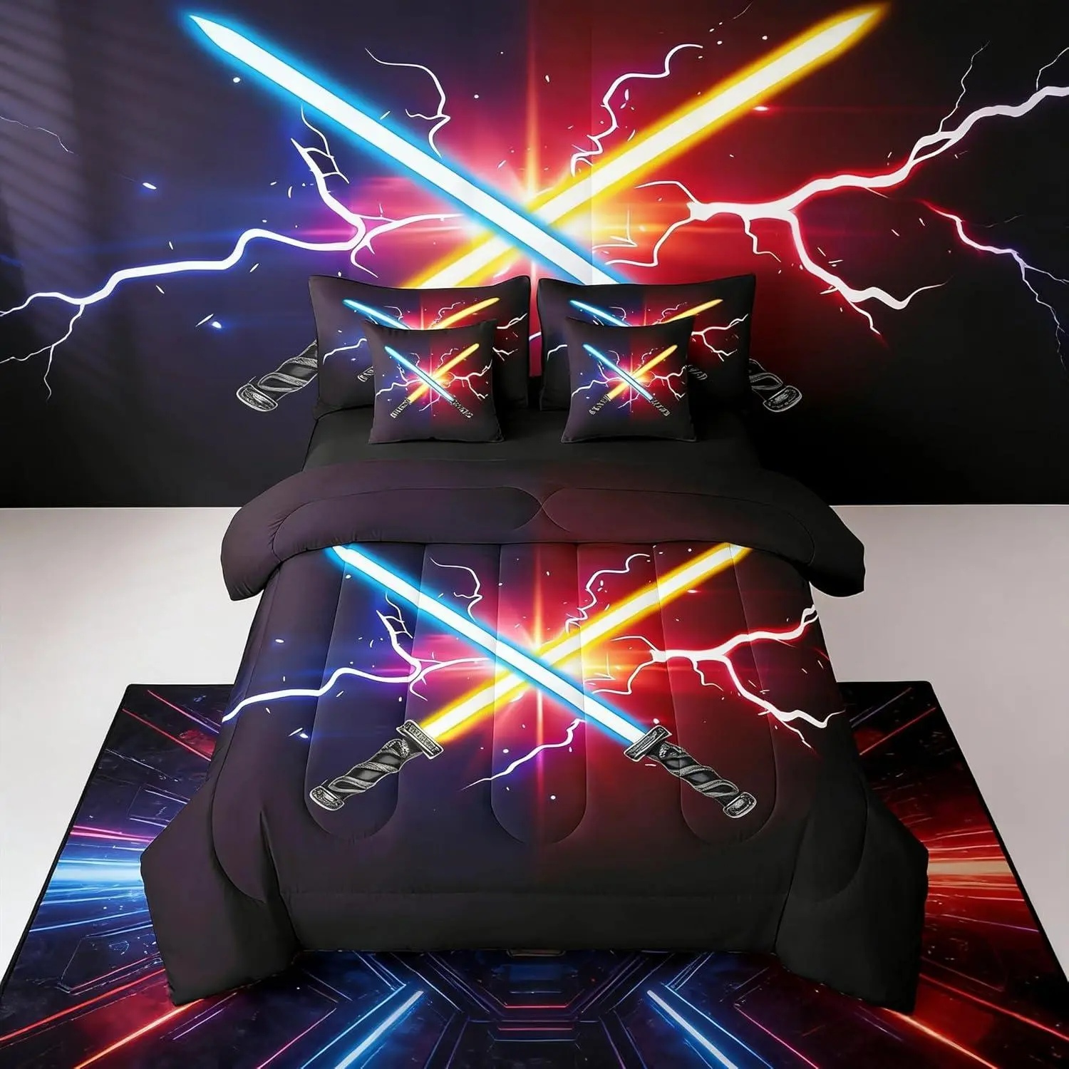 Lightsaber Pattern Bed in a Bag 7-Piece Sword Comforter Set with Comforter,Pillow Shams,Flat Sheet,Fitted Sheet and Pillowcases All Season Star Wars Vibe Bedding