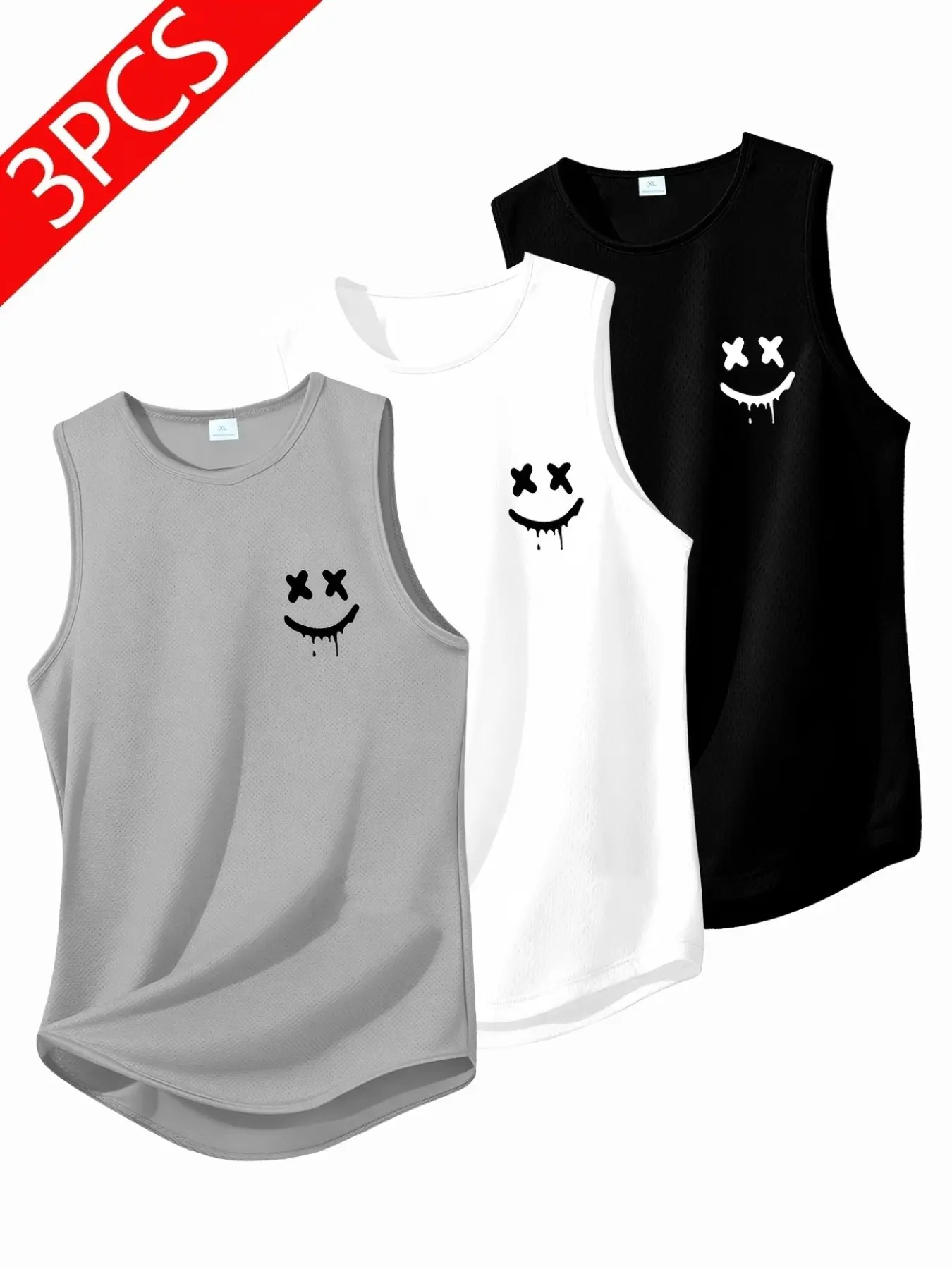 3-Pack Boys' Quick-Dry Sports Tank Tops, Sporty Tank Top, Sleeveless Sports Top, Lightweight Running & Workout Wear, Smiley Print, Breathable Moisture-Wicking, Multiple Colors Available