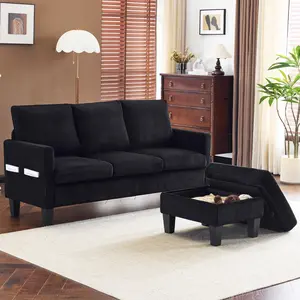 summervibes Convertible Sectional Sofa, L Shaped Couch with Storage Ottoman, Corduroy 3-Seater Couch for Small Space Living Room Black