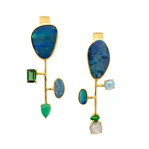 14k Gold Asymmetrical Tourmaline, Australian Black Opal, Emerald, Star Sapphire Earrings
