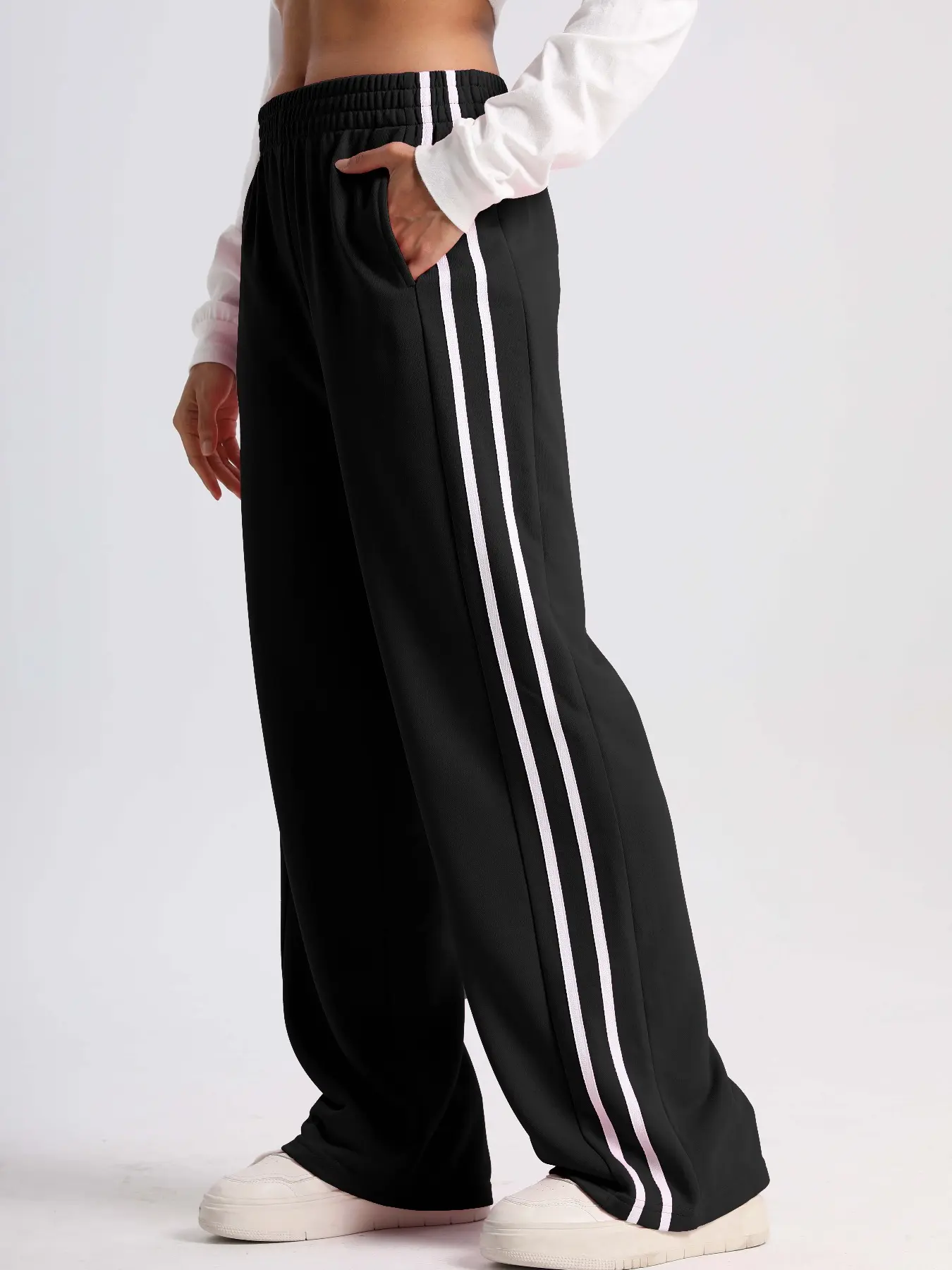 Women's Loose Casual Sport Pants, Athleisure Style Bottoms, Sports Casual Pants, Casual Athletic Pants, Casual Comfy Sporty, Elastic Waistband, Side Stripes High-Waist Design, Suitable for Gym & Daily Wear