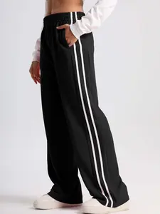 Women's Loose Casual Sport Pants, Athleisure Style Bottoms, Elastic Waistband, Side Stripes High-Waist Design, Suitable for Gym & Daily Wear