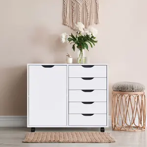 5-Drawer Office File Storage Cabinet with Shelves & Pull-Out Door Modern Minimalist Design Four Rolling Wheels for Easy Mobility
