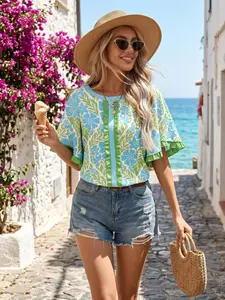 Women's Floral Shirts Short Ruffle Sleeve Blouses Casual Crewneck Tops Summer Boho Color Block Trim T-Shirts