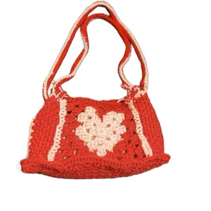 Red Crochet Bag with Heart Design, Adjustable Straps, and Red Cord, Ideal for Everyday Use